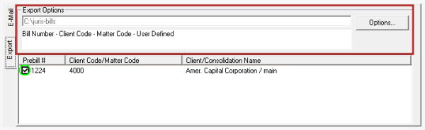 Export option selections displayed in Billing\Export & E-Mail Bills window