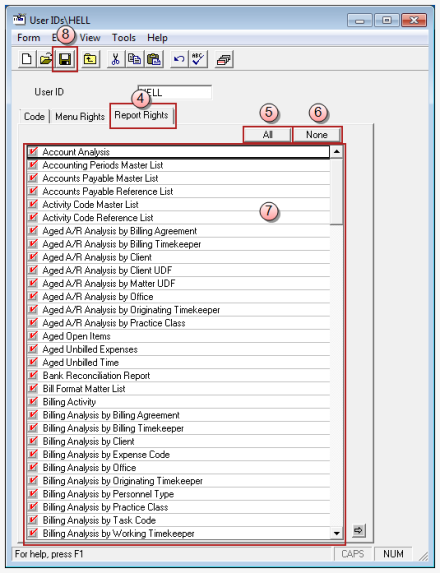 User IDs Report Rights tab