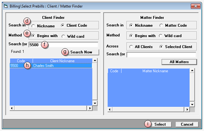 Billing\Select Prebills : Client / Matter Finder window