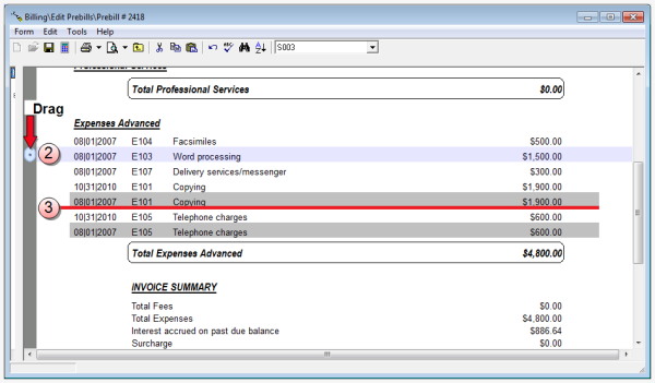 Edit Prebill window, on-demand sort