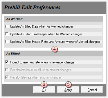 Prebill Edit Preferences window