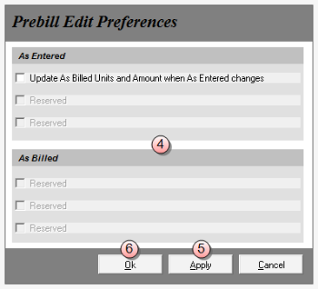 Prebill Edit Preferences - expenses window