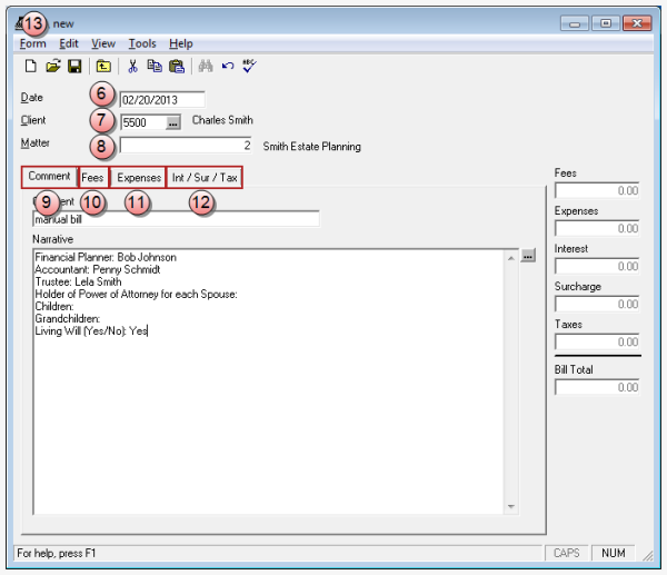Manual Bills, New Manual Bill window