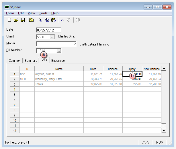 Credit memo Fees tab window