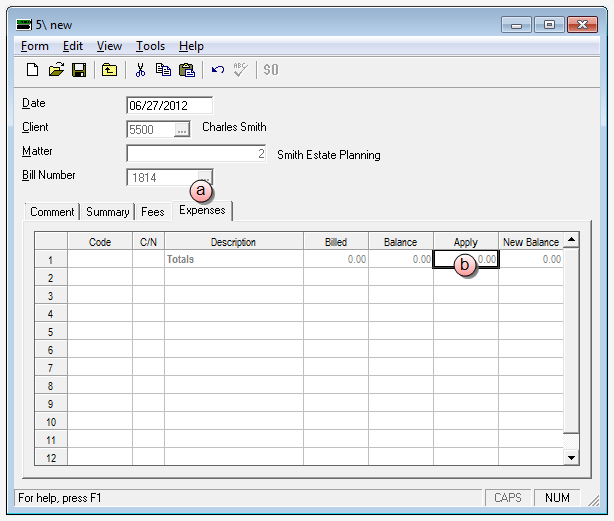 Credit memo Expenses tab window