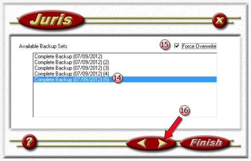 Juris management console - available backup sets