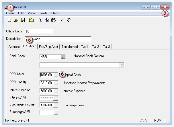 Offices window, G/L acct tab 