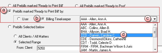 Billing, Print Bills print prebills marked ready by a specific billing timekeeper