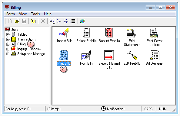 Billing, Print Bills selection
