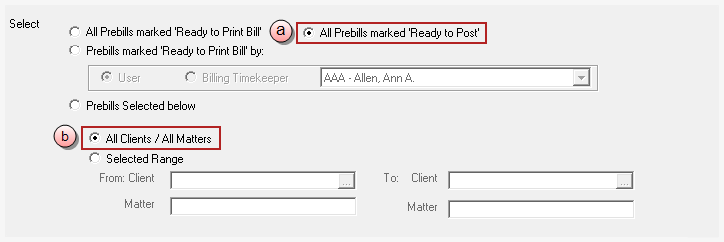Billing, Print Bills, 'All Prebills marked Ready to Print Bill' for all clients/matters