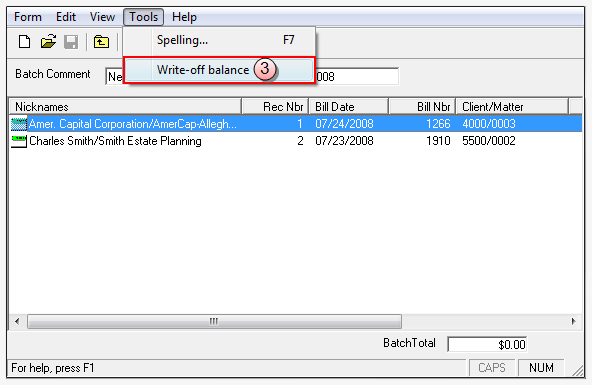 Tools, Write Off Balance menu option