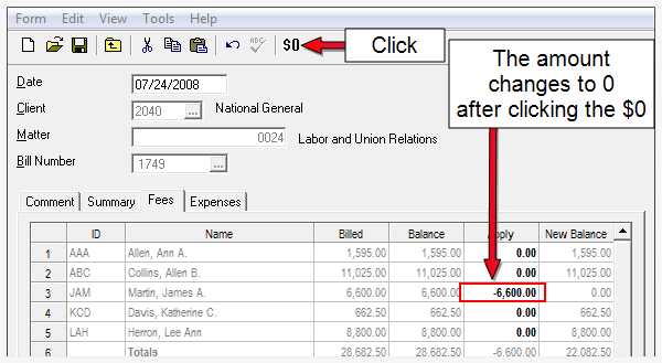 Client/Matter window, Write Off Balance $0 toolbar button