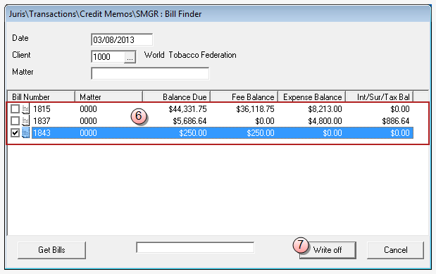 Bills Finder window - with found bills selected