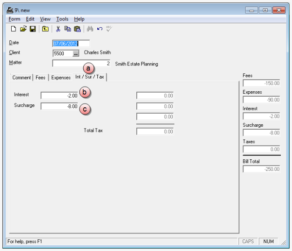 Manual bill, int-sur-tax tab