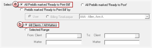 Ready to Print Bill for All Client and All Matters options