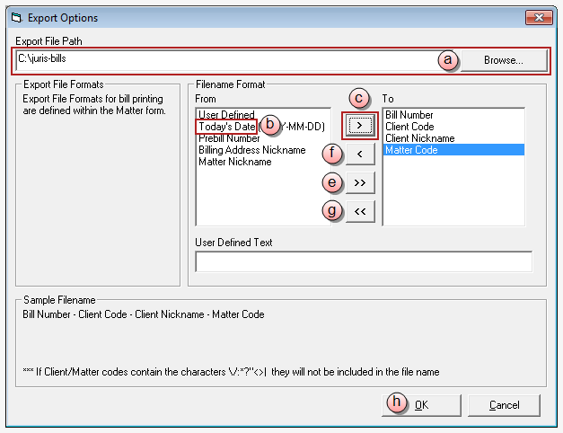 Export Options window