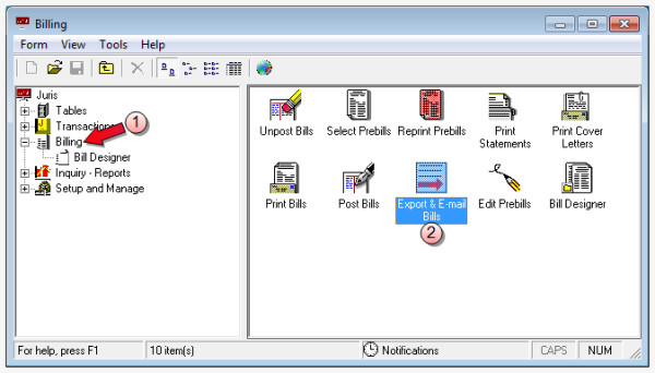 Billing, Export & E-mails Bills selection