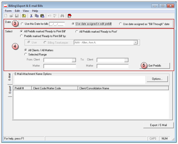 Billing\Export & E-mail Bills window
