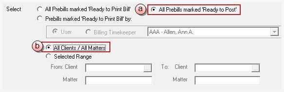 All prebills ready to post for all clients and all matters options